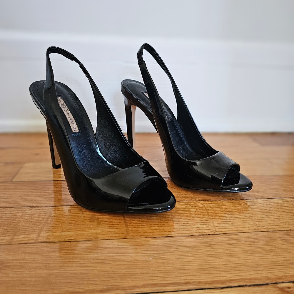 BCBGeneration Black Patent Leather Slingback Peep Toe Heels